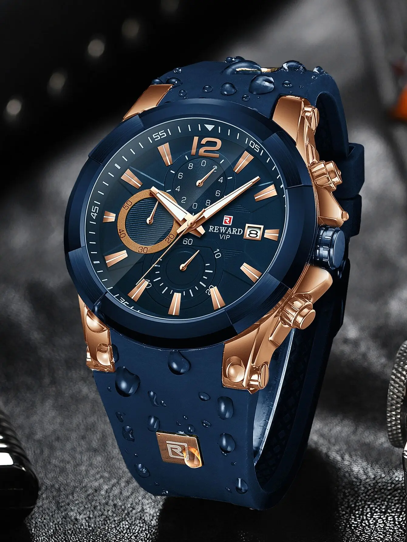 

Мужские часы-хронограф с синим силиконовым ремешком, светящимися стрелками и индикатором даты