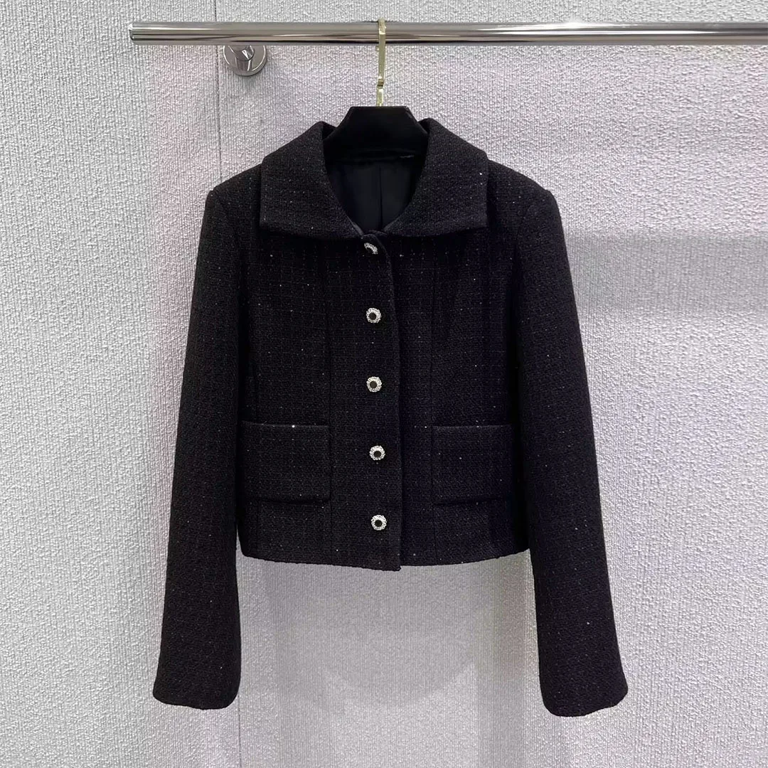 

New Fashion Wool Blends Black Woven Sequins Cute Tweed Short Jacket Women Lapel Single Breasted Long Sleeve Pockets Vintage Coat