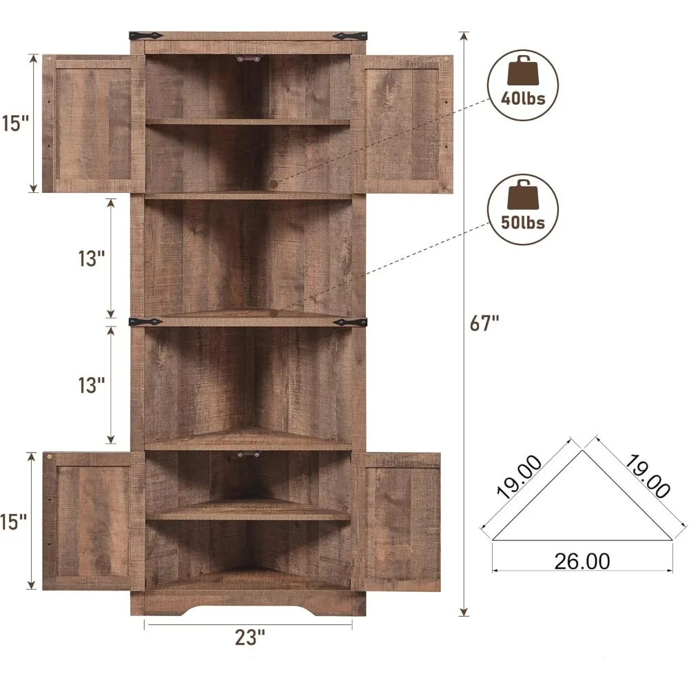 Bauernhaus-Eckschrank, hoher Eck-Badezimmerschrank mit Scheunentür und verstellbaren Regalen, für Wohnzimmer, Küche