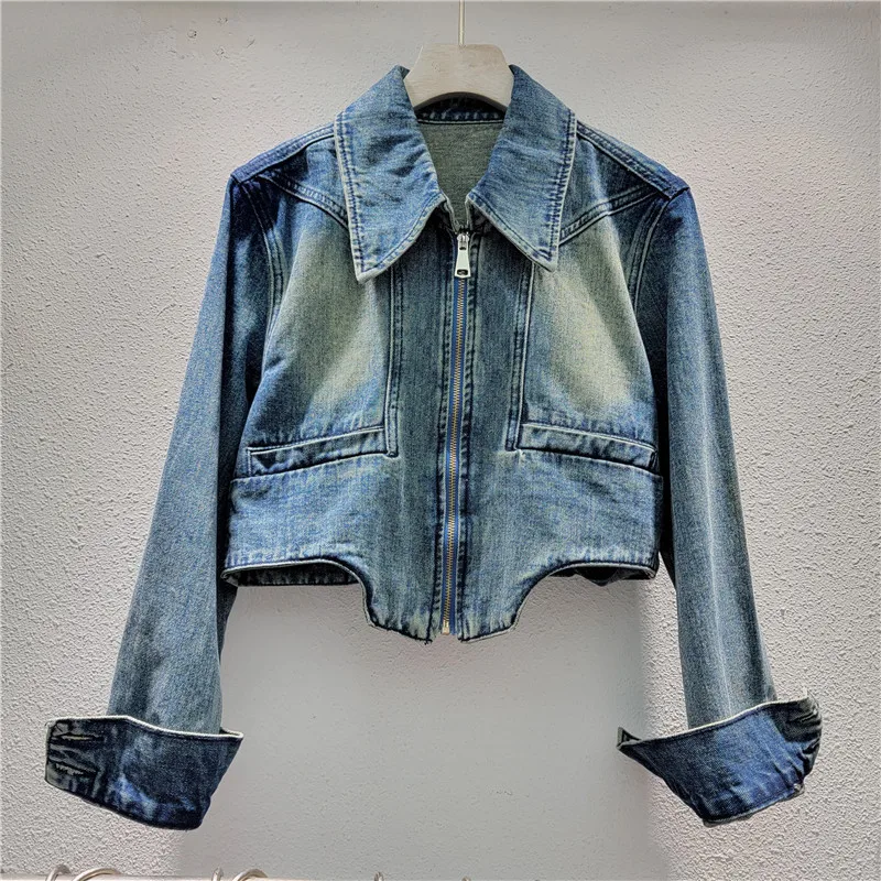 

2023New Women Casual Short Blue Denim Jacket Irregular Hem Lapel Zipper Long Sleeve Spring Autumn Jeans Jacket Female Basic Coat