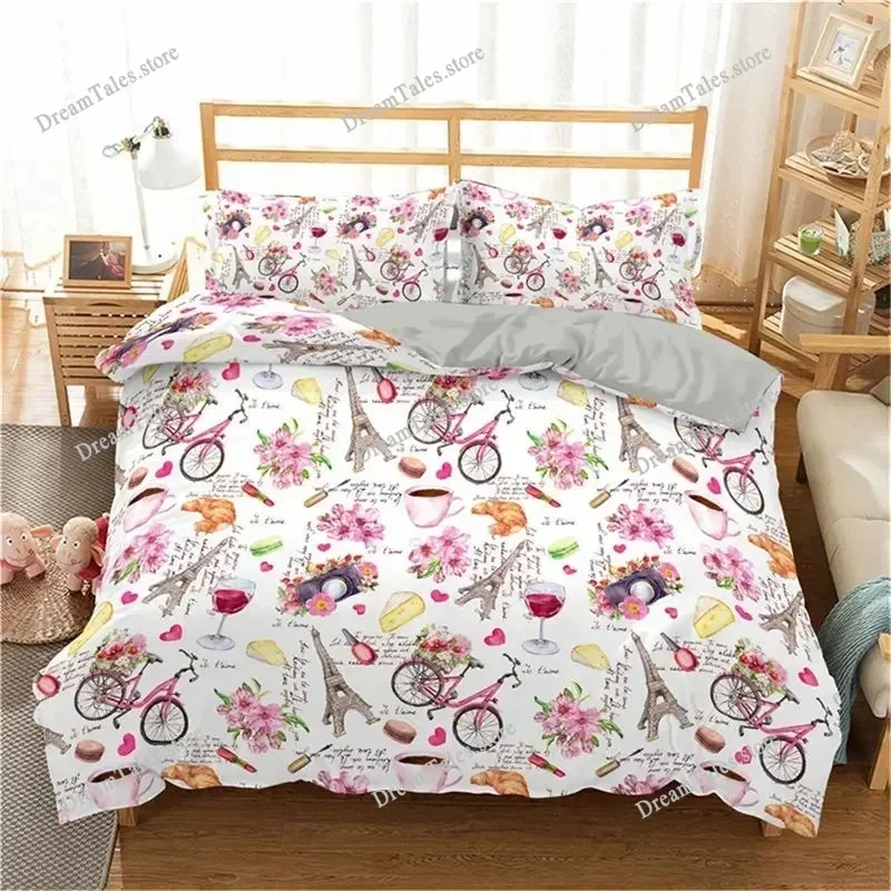 

Eiffel Tower Duvet Cover Romantic Couple Flower King Comforter Cover Microfiber France Paris Cityscape Bedding Set For Girl Teen