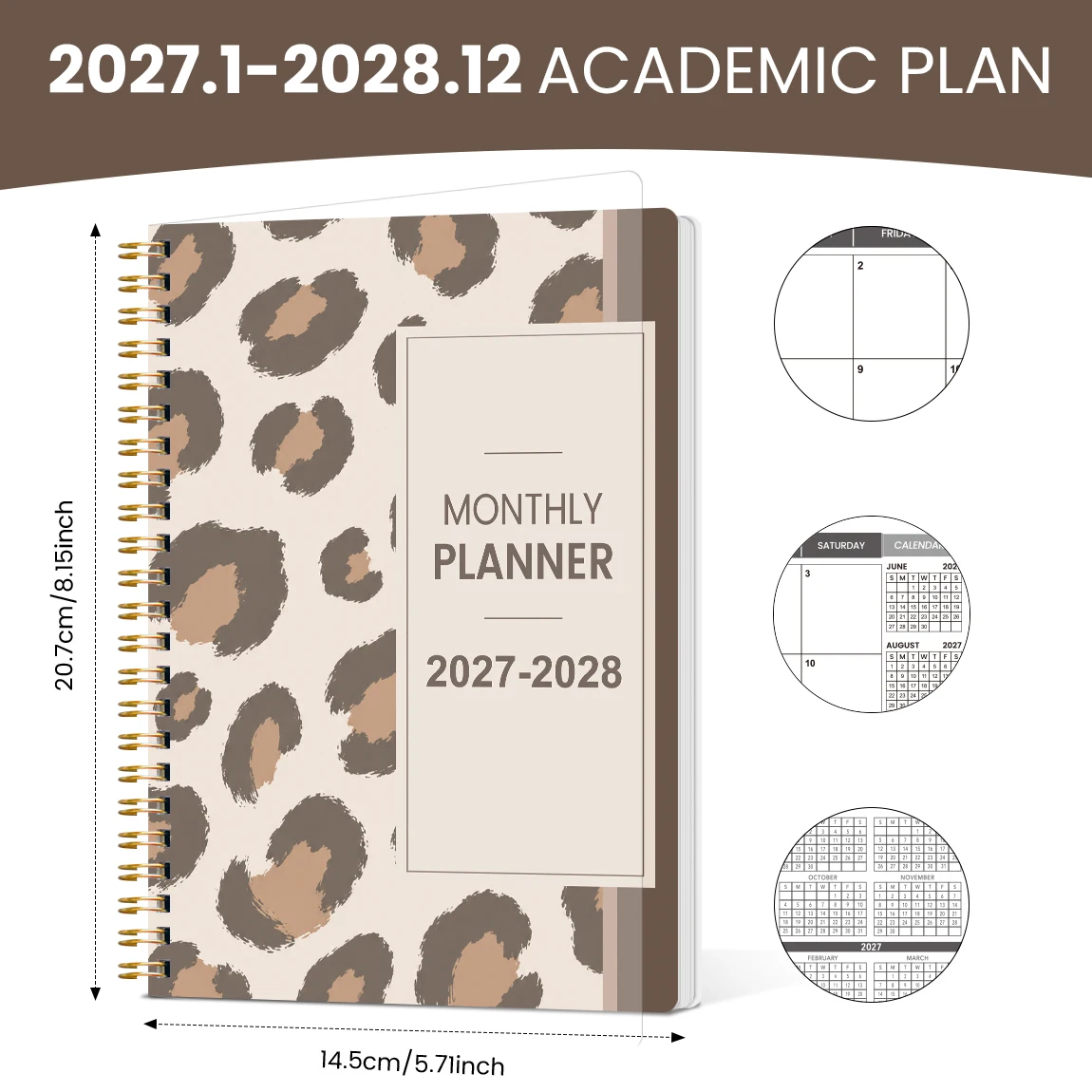 1PC 2027-2028 A5 Monthly Planner Notebook with Stickers, Leopard Print Spiral Organizer for Work, School & Daily Planning