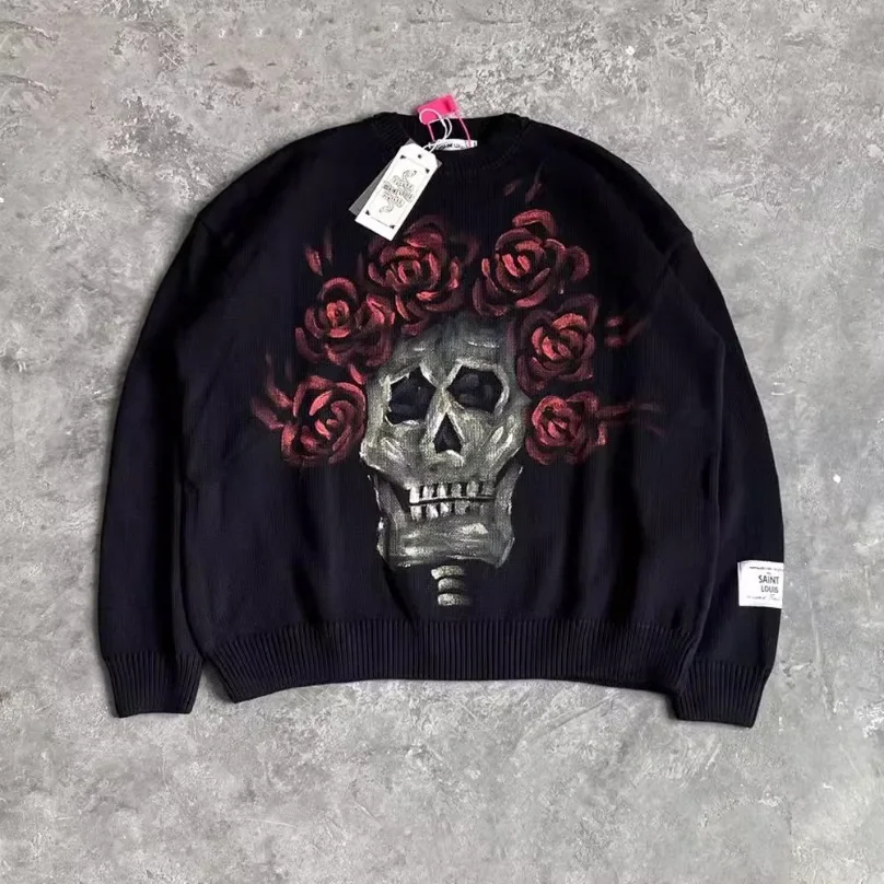 SSSAINT LOUIS Black Loose Rose Skull Hand-painted Knitt Sweater Men Women High Quality 1:1 Knitted Vintage Sweater Pullovers