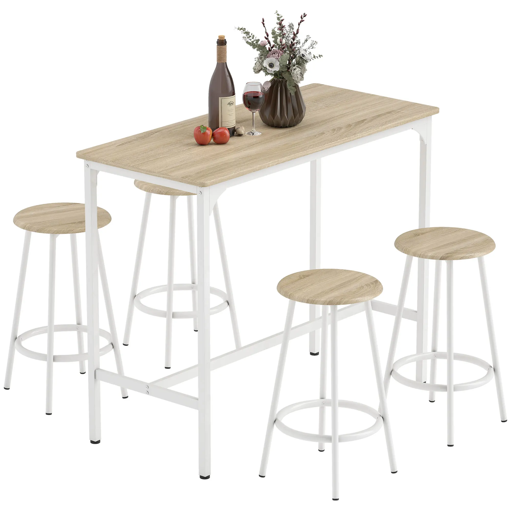 HOMCOM Set de Mesa y Sillas de Bar 5 Piezas con Marco de Metal Natural y Blanco
