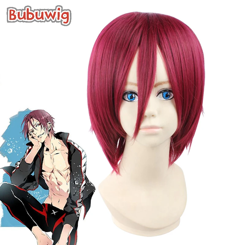 

Bubuwig Synthetic Hair Free! Rin Matsuoka Cosplay Wigs Men Halloween 35cm Short Straight Wine Red Party Wig Heat Resistant