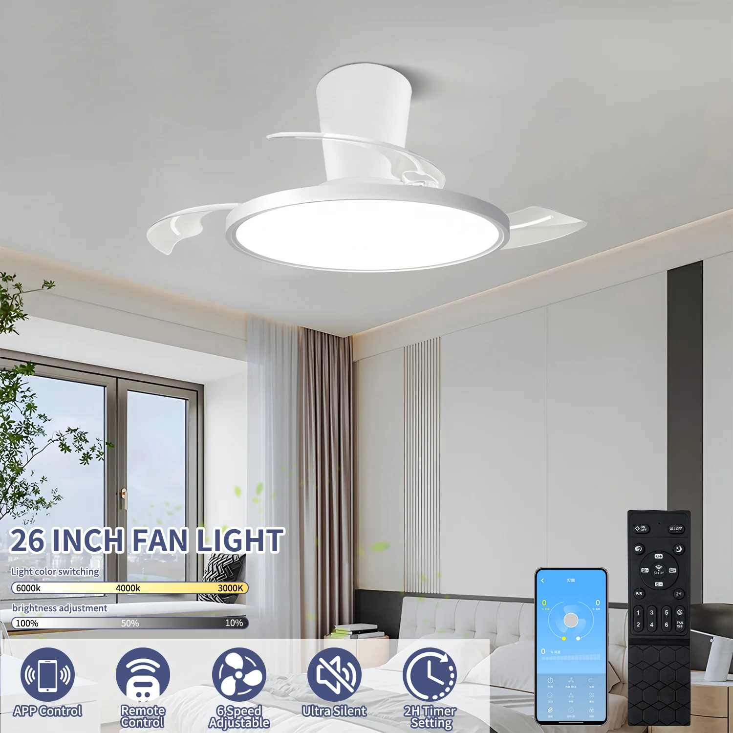 Modern Invisible Ceiling Fan Light, New Type of Invisible Fan Blades, with DC Motor, Bedroom Remote Control, Dining Room Light