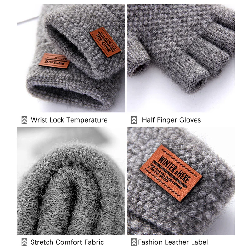 Winter Fingerless Gloves For Men Thick Warm Alpaca Wool Knitting Gloves Fingerless Elastic Typing Driving Gloves