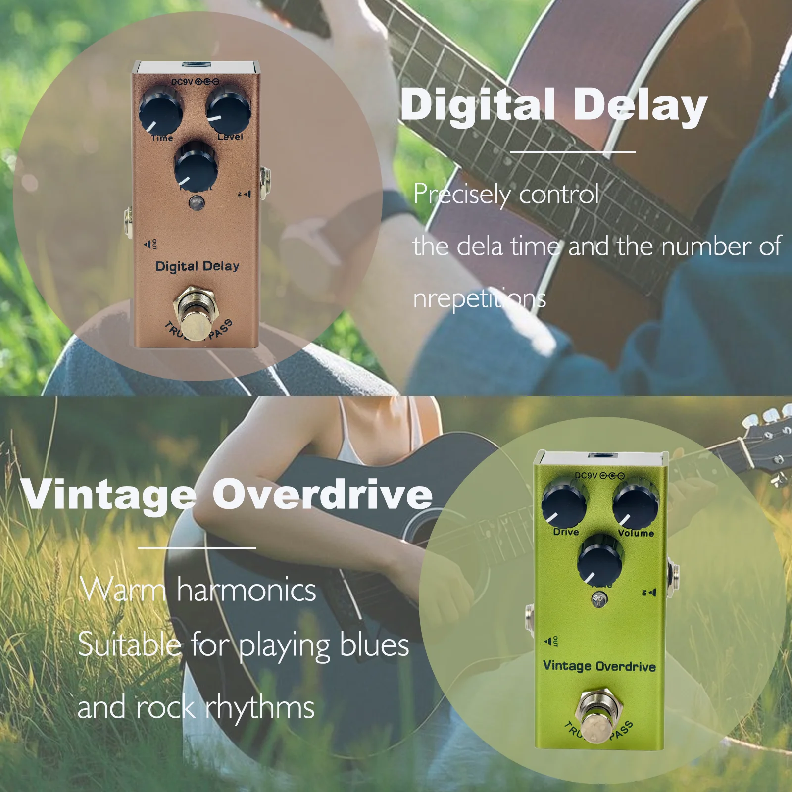 دواسة تأثير الجيتار الكهربائي الصغير Overdrive/Distortion Crunch/US Dream/Chorus/مرحلة عتيقة/تأخير رقمي/تريمولو