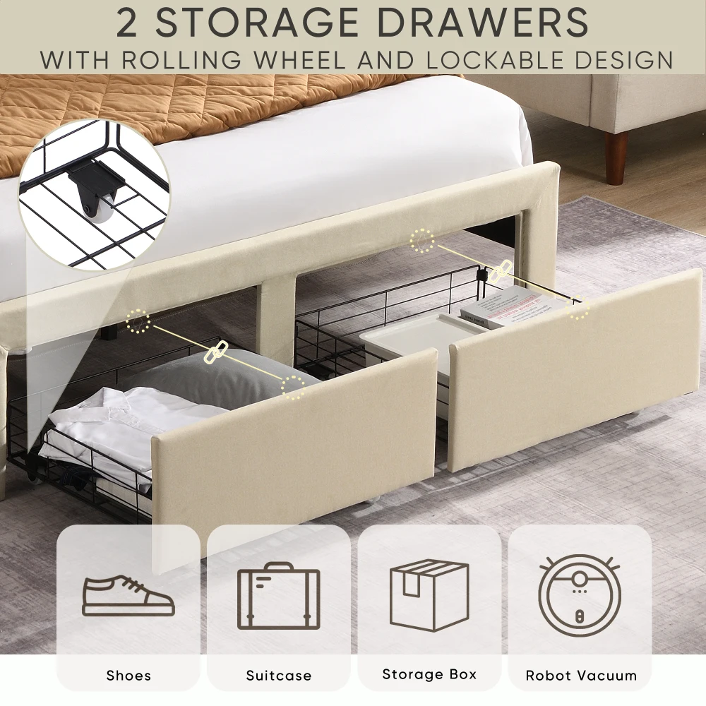 Full Size Bed Frame with 2 Storage Drawers, Wingback Headboard Storage, Built-in USB Charging Station Bed Frame Queen