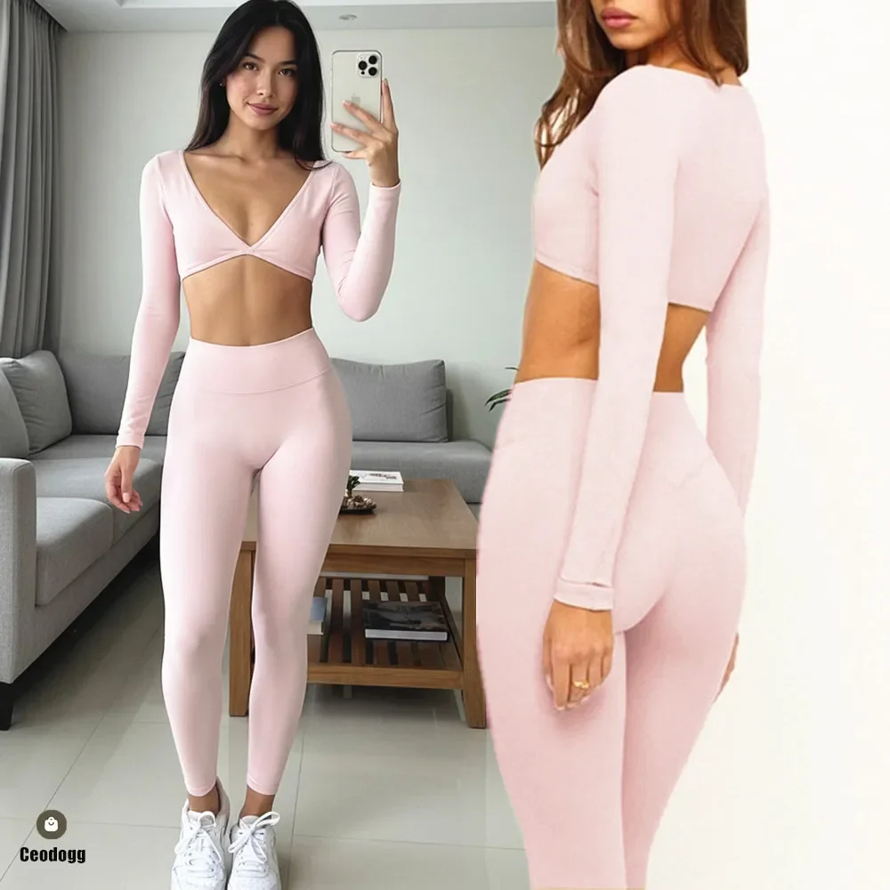 Pad 2PCS Long Sleeve Crop Tops Shirt Yoga Set Gym Sports Clothes Sportswear Women Fitness Exercise Leggings Outfits Wear XP275