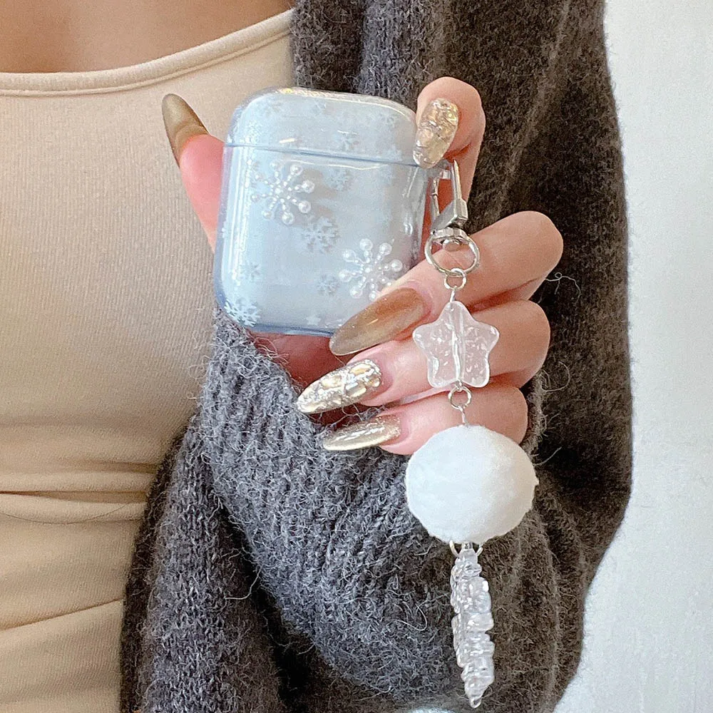 Korea 3D White Snowflakes Pendant Key chain Case Cover for AirPods 4 3 2 1 AirPods Pro 2nd Blue Transparent IMD Earphone Funda