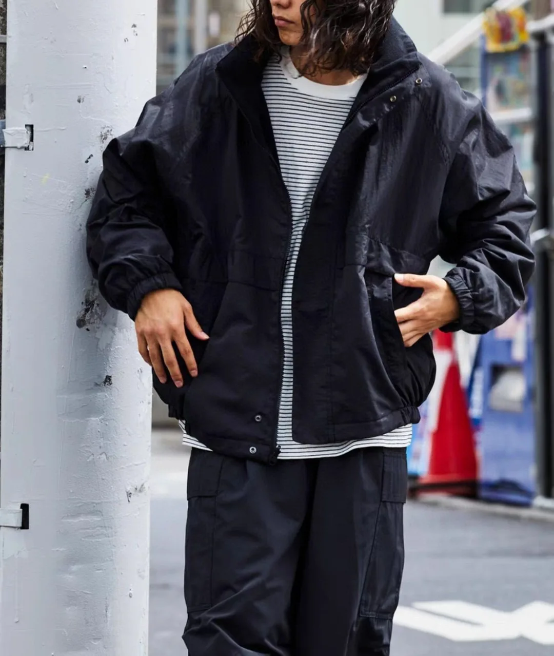 FREAK'S STORE Limited large silhouette nylon fleece double-sided stand-up neck zip jacket