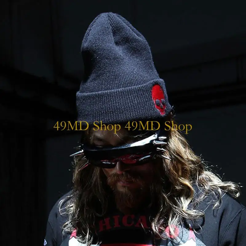 49MD New Warm Unisex Beanie Hat with Skeleton Embroidery Winter Outdoor Sport Hat Fashion Thick Warm Knit Cap Hat Headwear