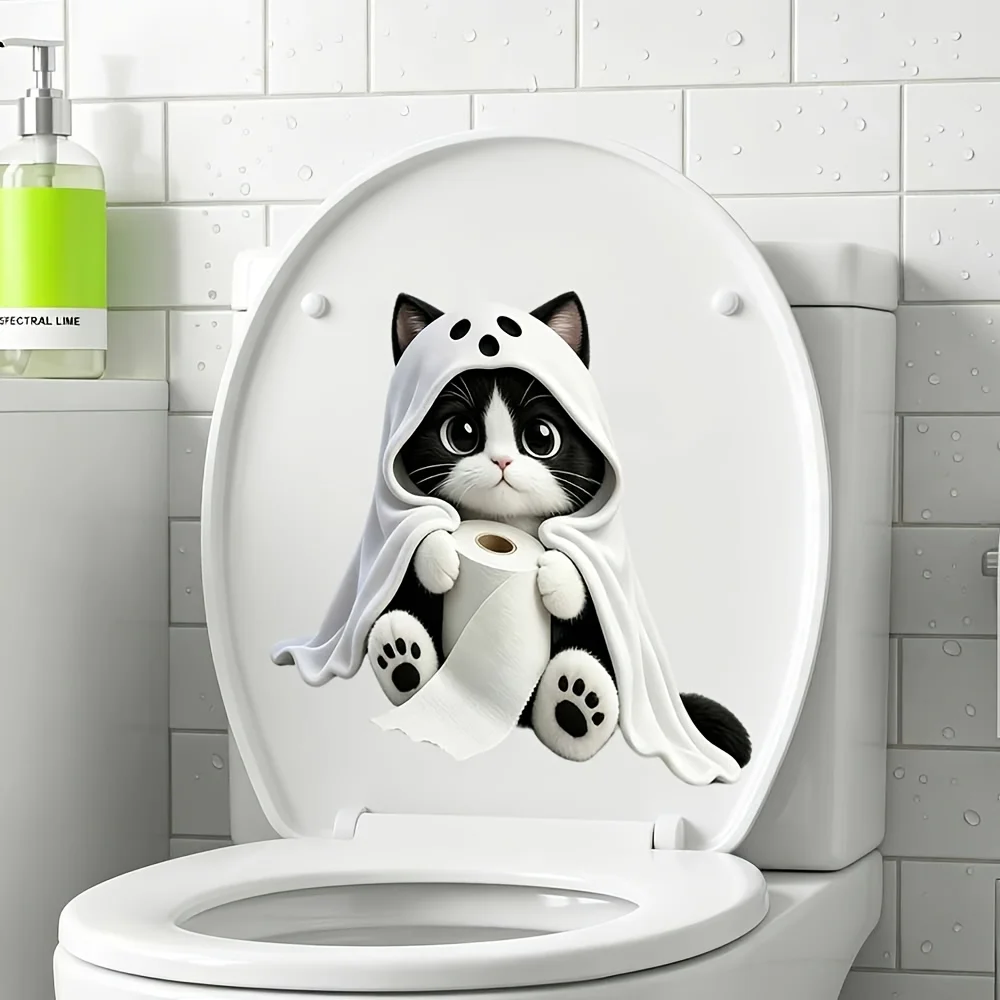 1 cute ghost cat Halloween toilet sticker, cute black and white cat shape, dressed in ghost clothing, holding a tissue roll, fun