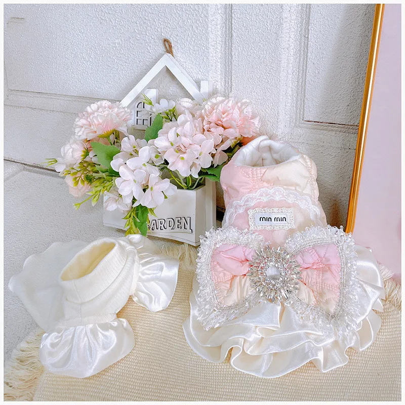 

Custom-Made Exquisite Luxurious Design Pink Bow Tie Pet Dress Winter Thickened Version Brand Dog Formal Dress