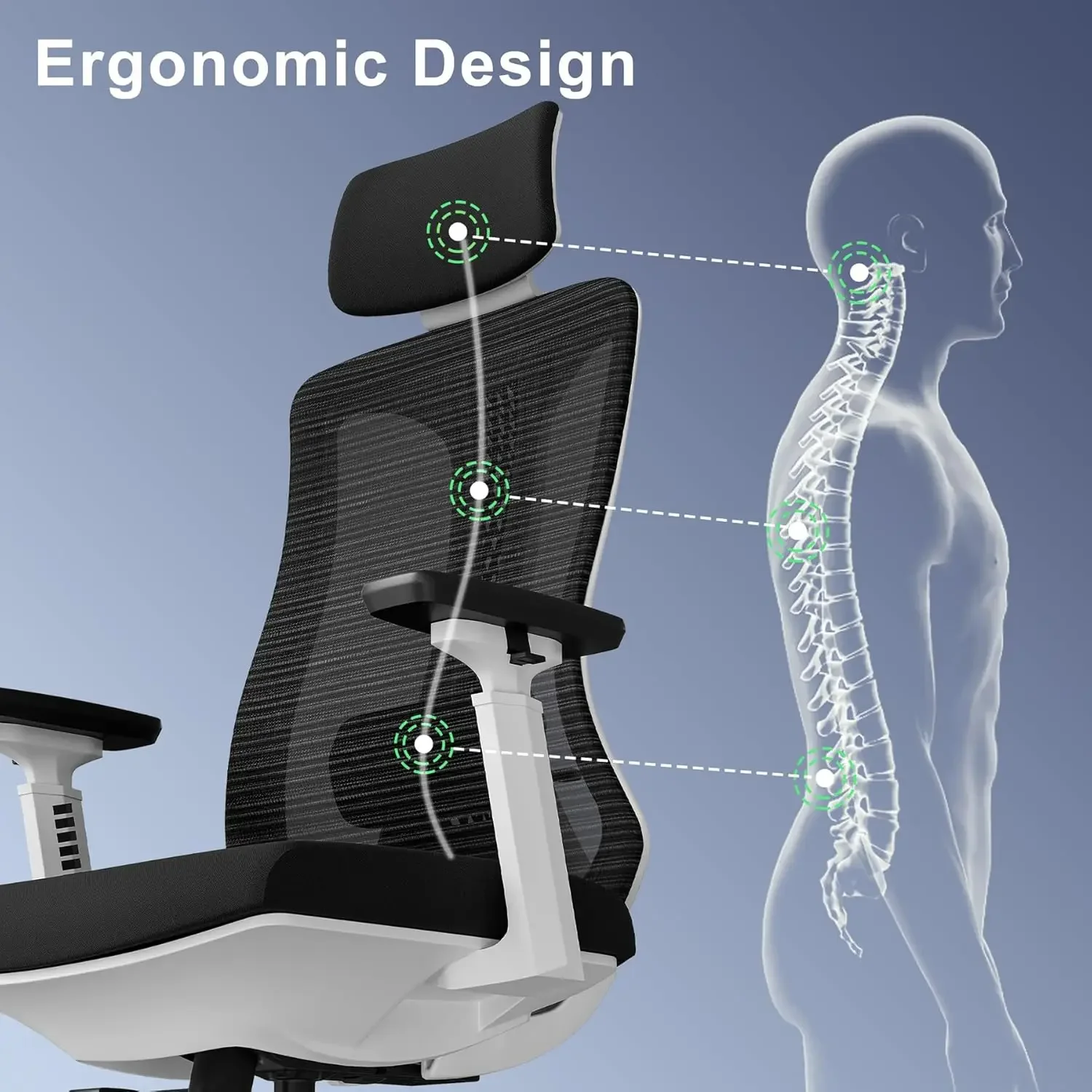 Bürostuhl, Computertischstuhl mit 3D-Armlehnen, verstellbarem Lendenkissen und verstellbarer Kopfstütze