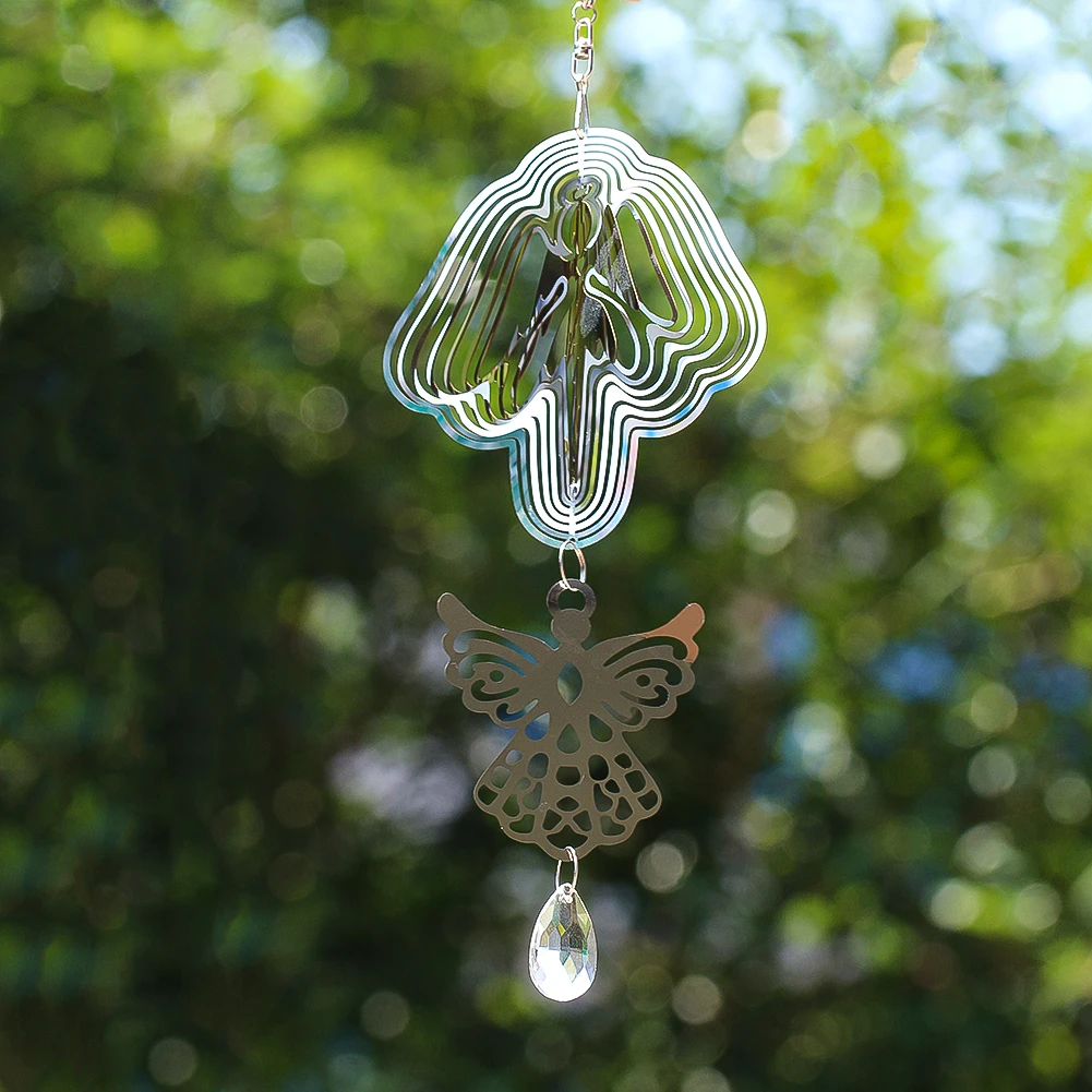 

Metal 3D Rotating Wind Chimes Angel Pendant Mirror Reflective Weather Vine Outdoor Patio Hanging Party Decoration Gifts