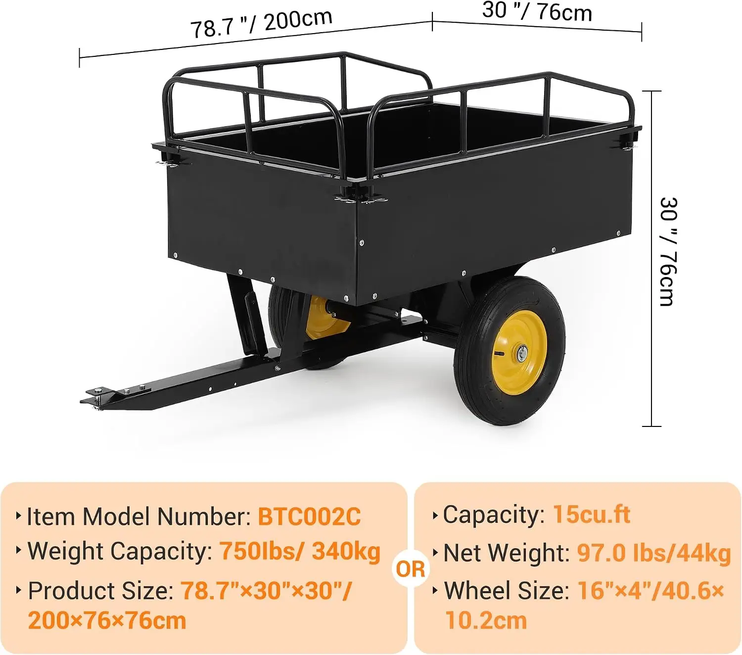 Tacleekii 500 lb 750lb Heavy-Duty Tow-Behind Steel Dump Cart Trailer 10 Cu Ft Garden Utility Yard Wagon Removable Tailgate 2-Wheel Hauling for ATV UTV Lawn Mower Tractor