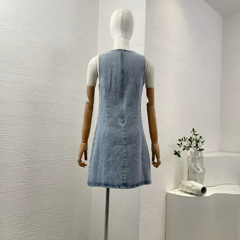 Women Mist Blue Jeans Mini Dress Sequined Diamond Trim Strap Sleeveless High Quality Dresses 2024 Summer New