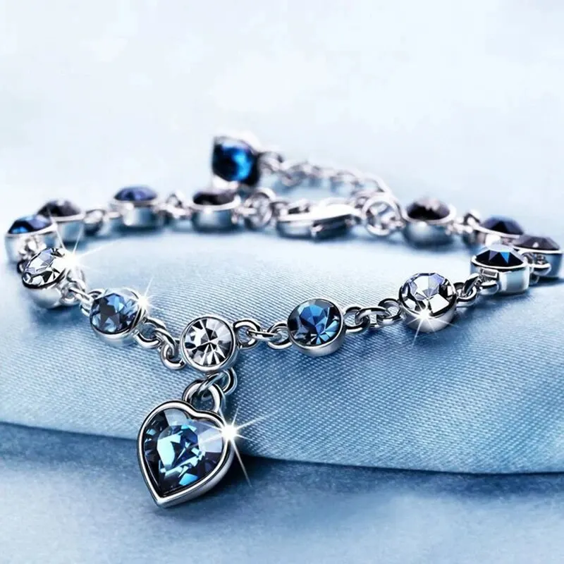 Pulsera de la suerte de Color plateado para mujer, brazalete con dijes de corazón de cristal azul, joyería fina de compromiso de Boda nupcial, regalo