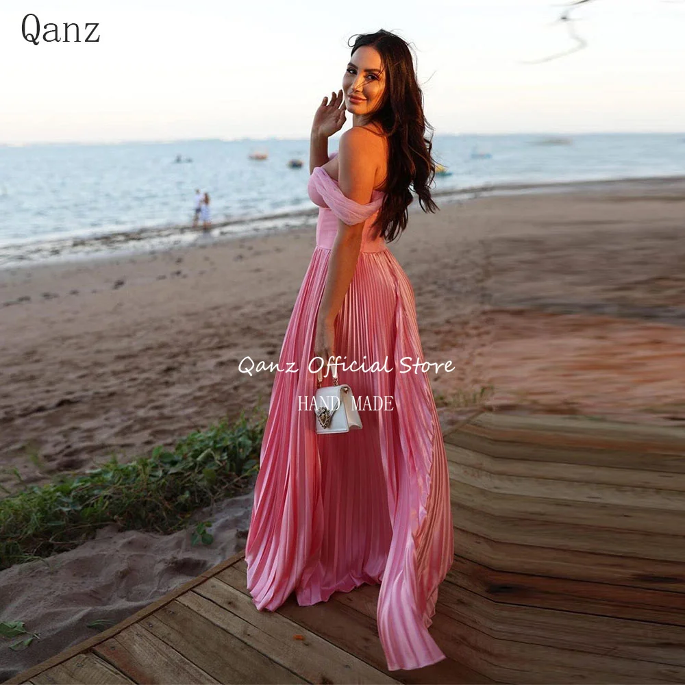 Qanz Beach Pink Satin Evening Dresses Off The Shoulder Long A Line Pleat Vestidos De Gala Wedding Party Dress Customized