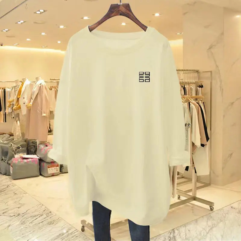 Women\'s Clothing Solid Pure Cotton Loose Long Sleeve Tshirt Autumn Casual Fashion All-match Oversized Tees Chic O-neck Basic Top