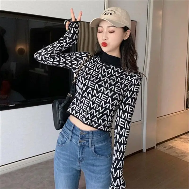 

Faionable ort Knitted Sweater for Women High Waist Slim Fit Long Sve f High Collar Letter Print Base Top Spring Autumn