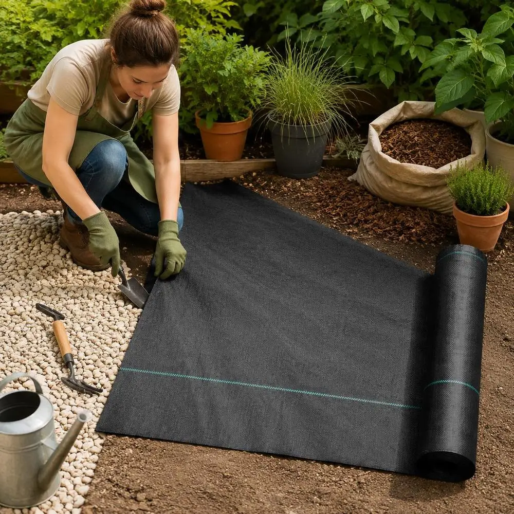 Bâche de protection pour jardin en polypropylène tissé résistant 91 x 1524 cm avec lignes de positionnement, lot de deux unités, idéale pour les allées de jardin, les plates-bandes, les terrasses et les espaces extérieurs.