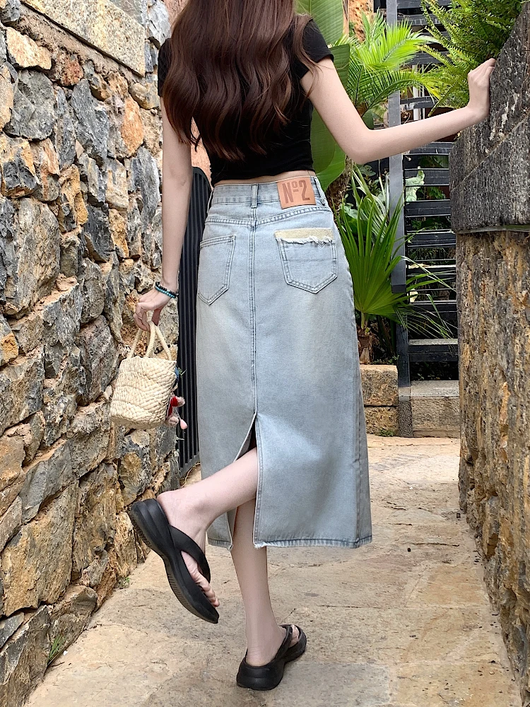 

Light Wa Denim Asymmetrical Skirt High Waist Slimming Split A-Line Wrap Women's Autumn New Sle Mid-Length Skirts