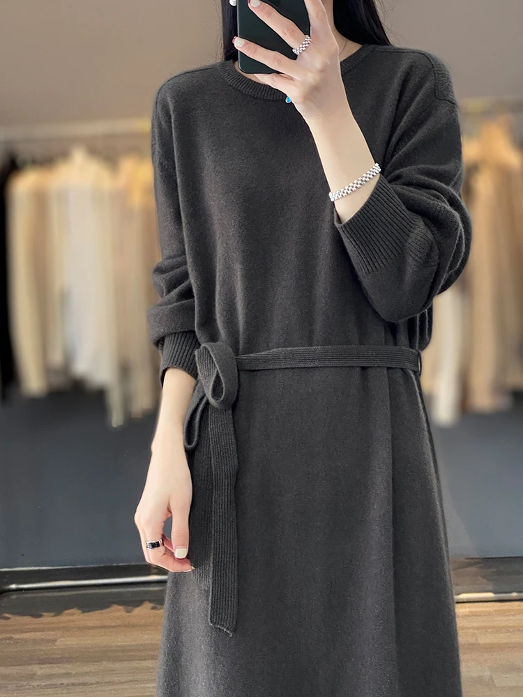 Office Lady Women\'s Wool Dress Cashmere O-Neck Pullover Sweater Autumn Winter  100% Merino Wool Knitwear Grace Sash Long Dress