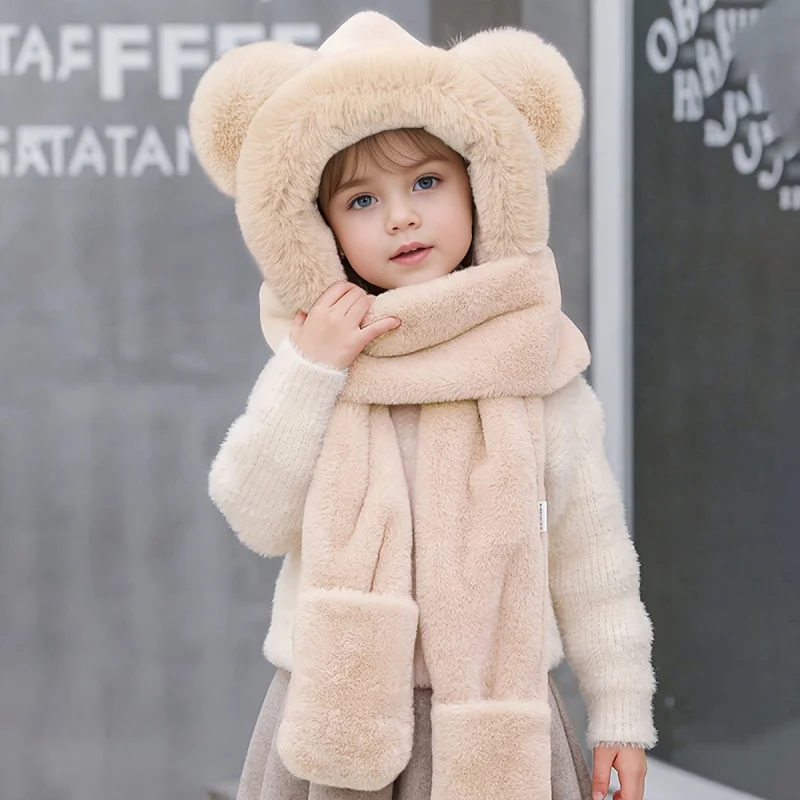 1pc Youngsters Cute Bear Ears Thickened Plush Winter Warm Windproof Cold-Proof Hat Scarf Onepc Suitable for 4Y-10Y