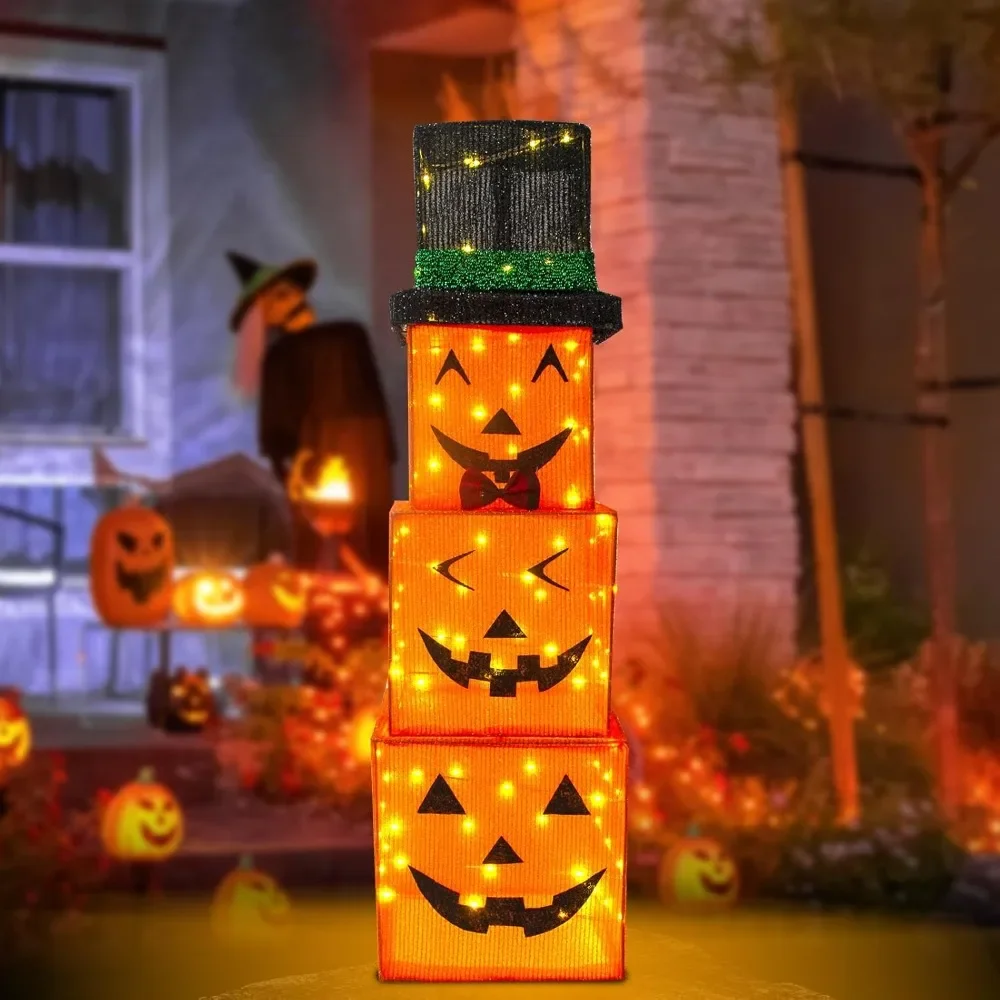 Halloween Pumpkin Outdoor Decorations, 3FT Jack o' Lantern 75 LED Lighted Square Pumpkin Gift Box Lights for Halloween Party