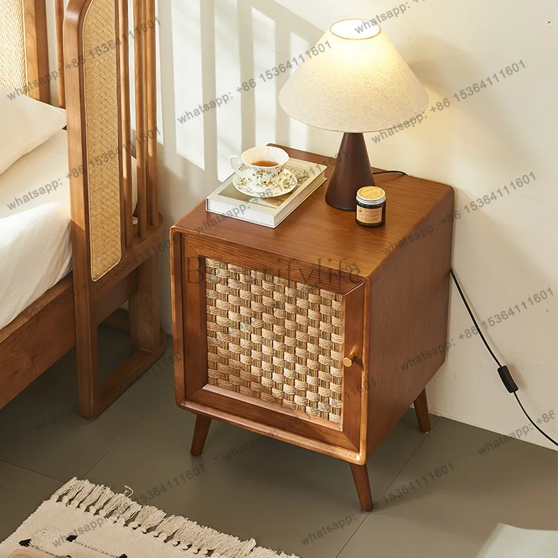 FG solid wood bedside table, modern and simple, storage locker rattan