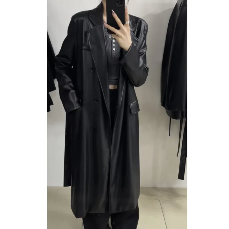 [EWQ] Korean Fashion Long Sleeve Double Breasted PU Leather Windbreaker Temperament Women Winter Trench Coat 2024 New 16O2006