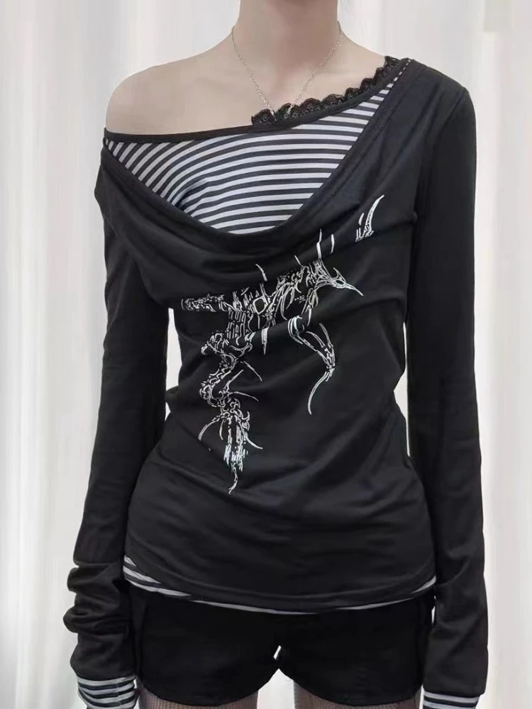 

Vintage Women Fake Two Pieces Retro Long Sleeve T-shirt Slim Fit Casual Subculture Base Layer Fashion Casual Tops Spring New
