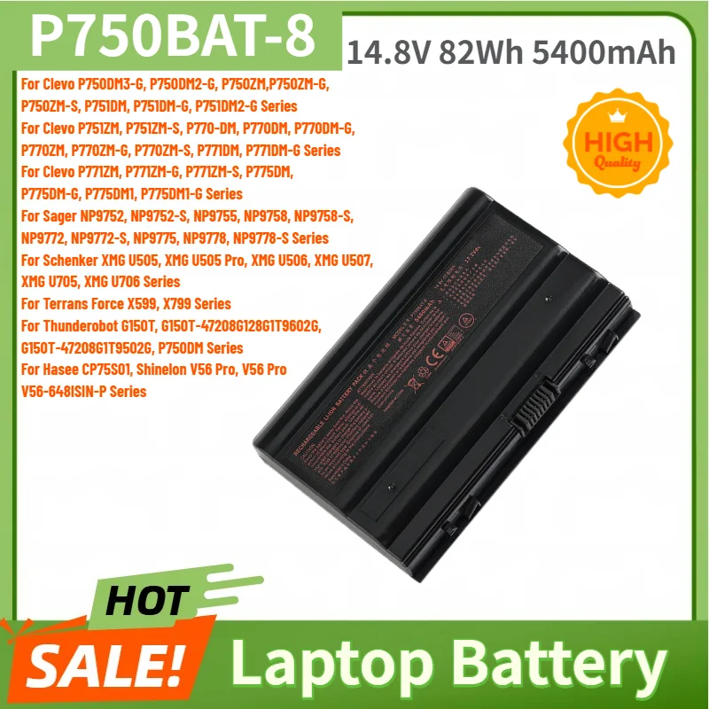 P750BAT-8 Laptop Battery 14.8V 5400mAh for Clevo P750DM3‑G,P750DM2‑G,P750ZM,P750ZM‑G, P750ZM‑S,P751DM,P751DM‑G,P751DM2‑G Series