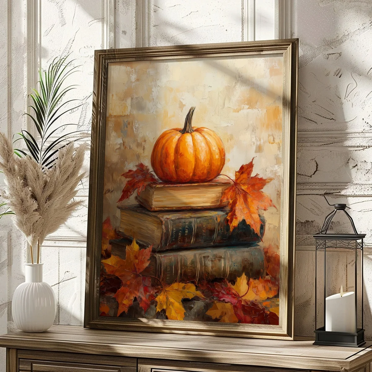 Pumpkins on The Book Autumn Canvas Print Poster Vintage Rustic Cozy Cottagecore Book Art Prints Bedroom Fall Wall Art Home Decor