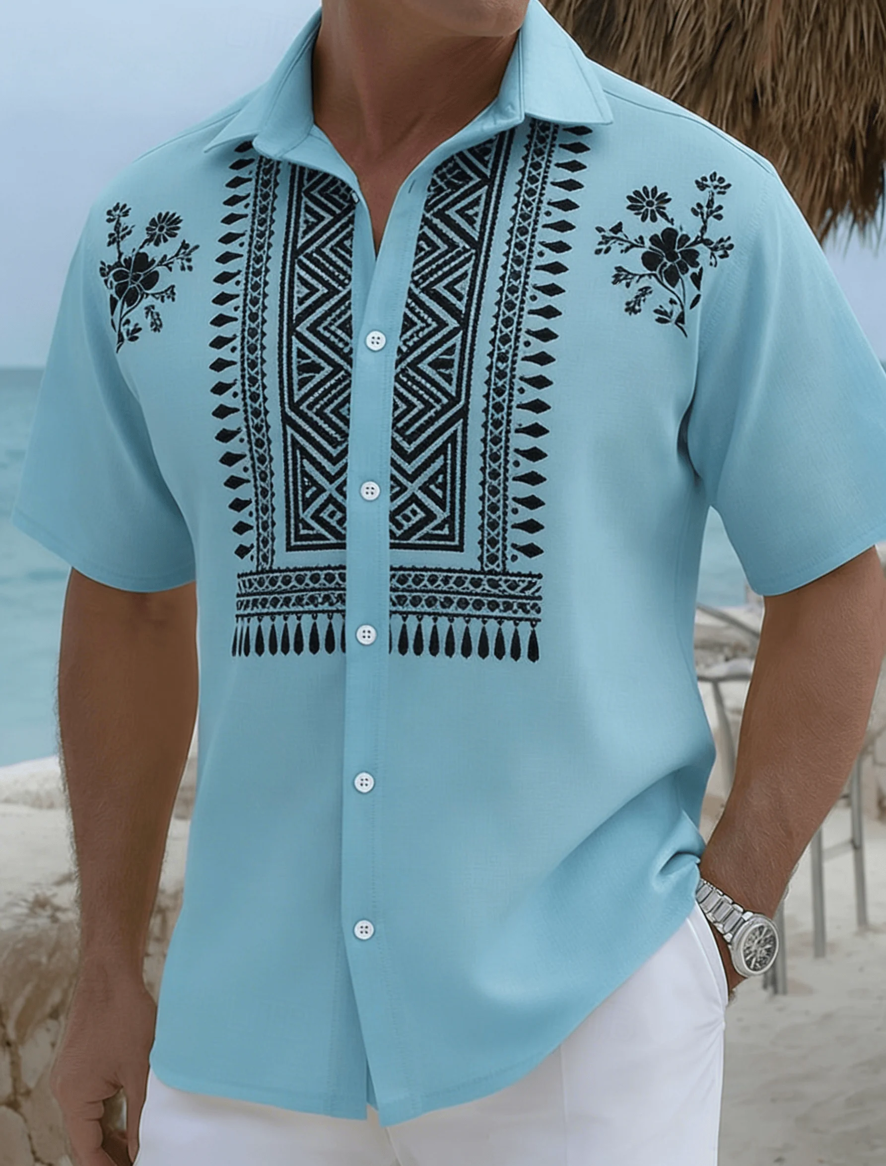 

Men's Light Blue Ethnic Geometric Print Short Sleeve Shirt, Spring Summer Fresh Vacation Casual Top, Pocket Lapel Style