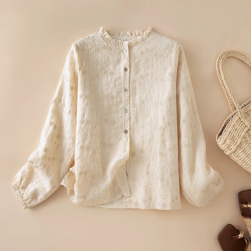 

Элитная хлопковая рубашка с вышивкой в стиле ретро для женщин: универсальный топ с художественным дизайном и эффектом омоложения