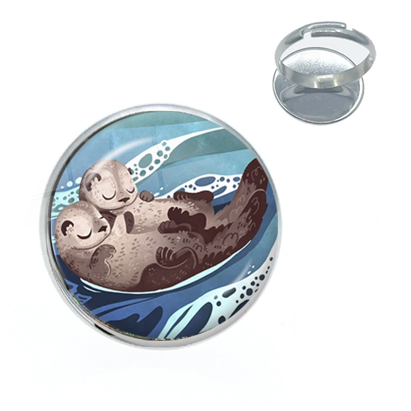 New Otter Ring Cute Animal Art Picture Glass Dome Jewelry Kids Handmade Jewelry Rings