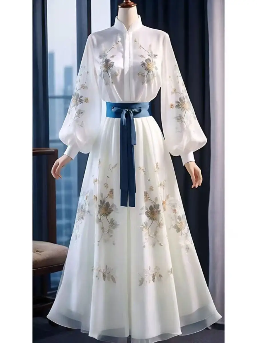 New Chinese Style Dress Comfortable Chiffon White Printing Long Robe Vintage Festive Event Fashion Hanfu Spring Autumn