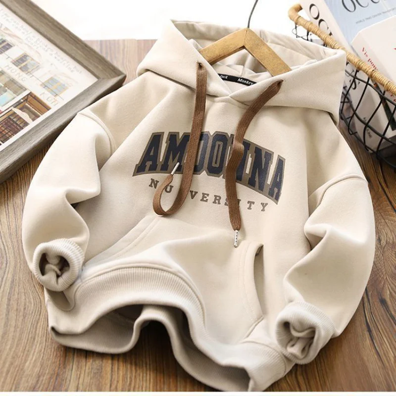 ZOETOPKID Warm Thicken Sweatshirt Kids Autumn and Winter Tops Boys Hoodies Tracksuit Children Prints Letter Casual Clothing