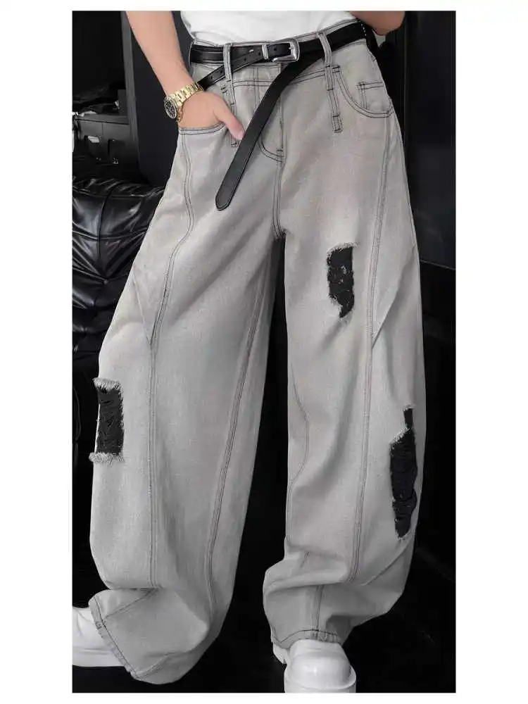 

2025 Summer High Waist Ripped Women's Blue Jeans American Vintage Streetwear Y2K Wide Leg Jean 2000s Trouser Baggy Denim Pants