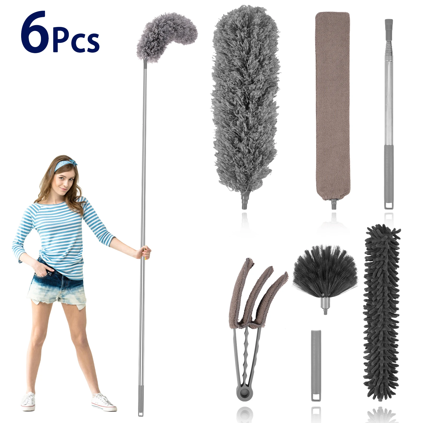 2.5M Telescopic Cleaning Duster Brush 6Pcs Set Crevice Spider Web Microfiber Brushes Bendable Household Dust Clean Remover