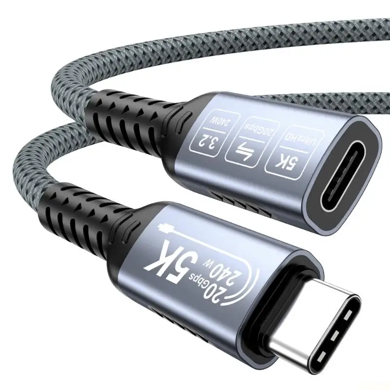 B03F 20 Gbps Type C Data Extension Cable with 240W Power Delivery, 5K@60 Hz Video, Nylon Outer Covering, and Support