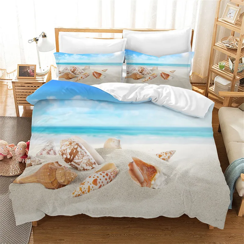 Beach Starfish Duvet Cover Microfiber Blue Ocean Creature Bedding Set Sea Shells Starfish Print Comforter Cover Single King Size