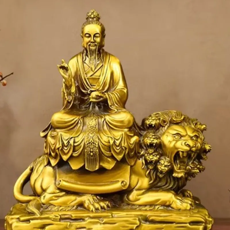 Brass statue of Taiyi Zhenren, a deity from the Qingwei school of Taoism, depicted sitting on a nine-headed lion, representing t