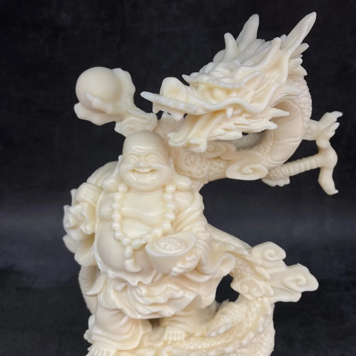 Ivory Nut Carved Wealth Dragon Maitreya Buddha Figurine 25*11*18cm Bodhi Seed Desktop Craft Ornament