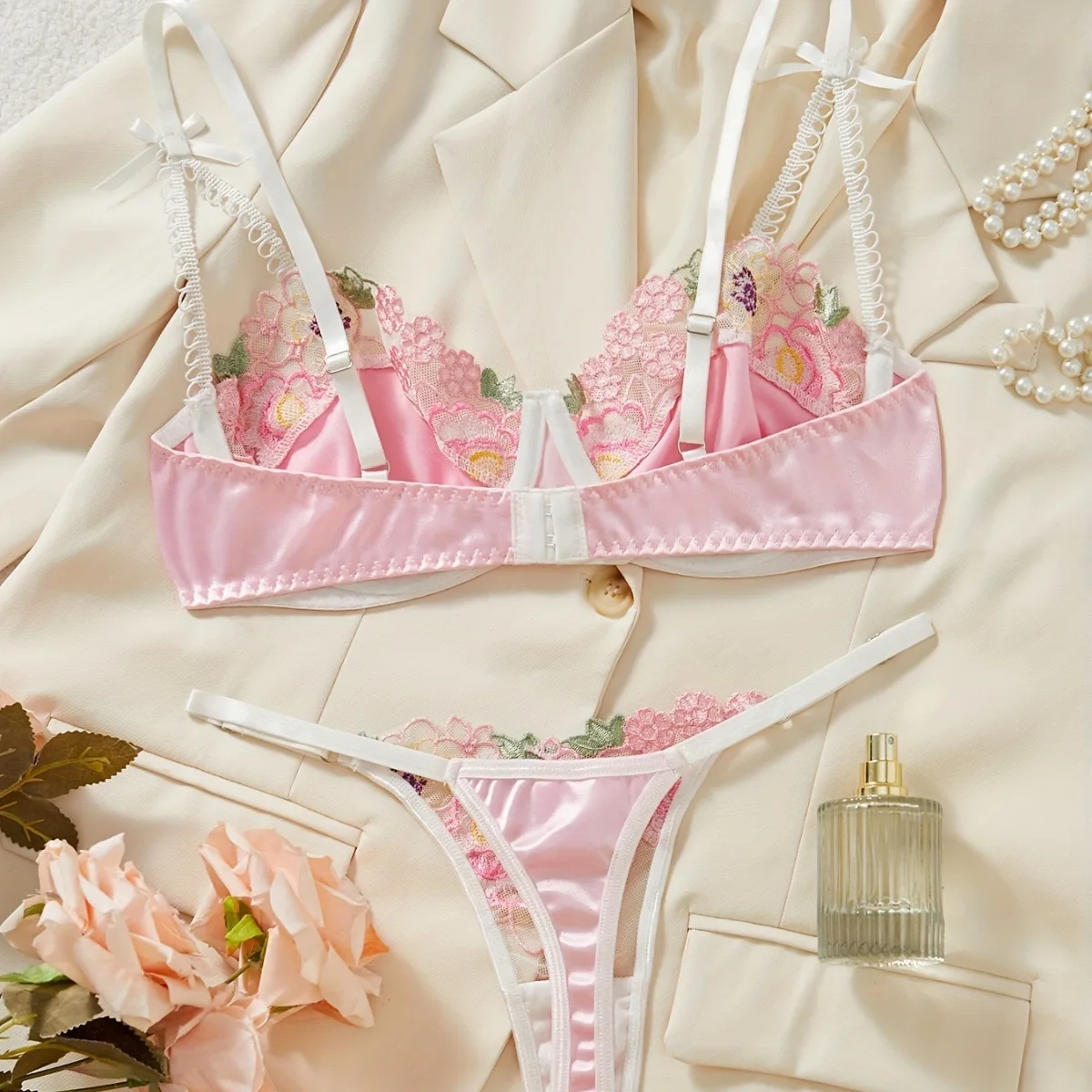 Pure Desire Embroidered Floral Lace Bra Set Comfortable Sexy Underwear Set Low Waist ort Pants Women's Underwear