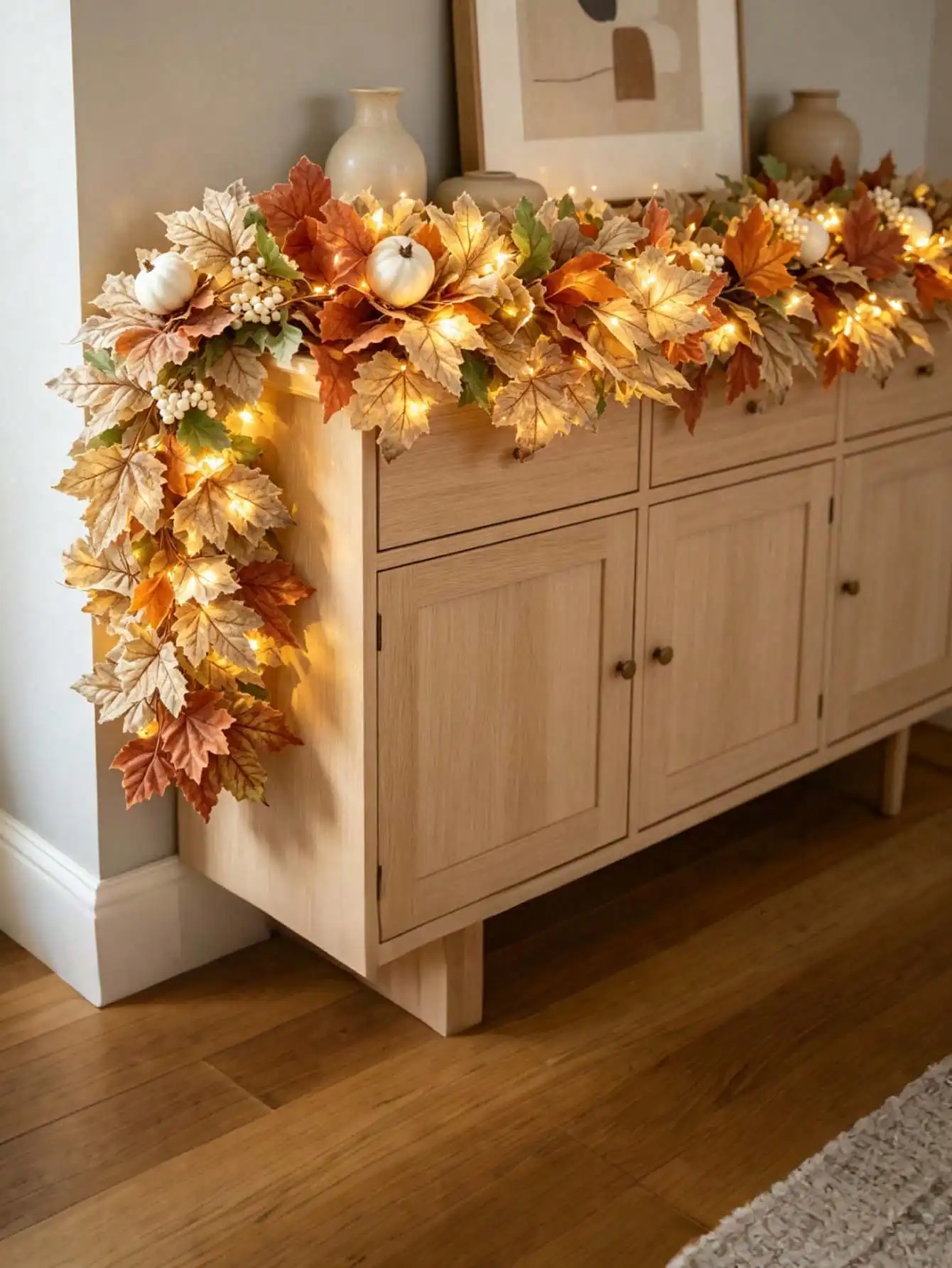 4pcs Artificial Autumn Maple Leaf Vine With LED String Lights, Berries And Pumpkins, Hanging Decor For Thanksgiving Table, Room, Stairs, Windows, Porch, Garden Fence, DIY Wreath, Thanksgiving Harvest Home Decoration - view 4